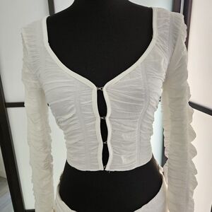 Sunland white ruched Long Sleeve Crop Top shirt, size S